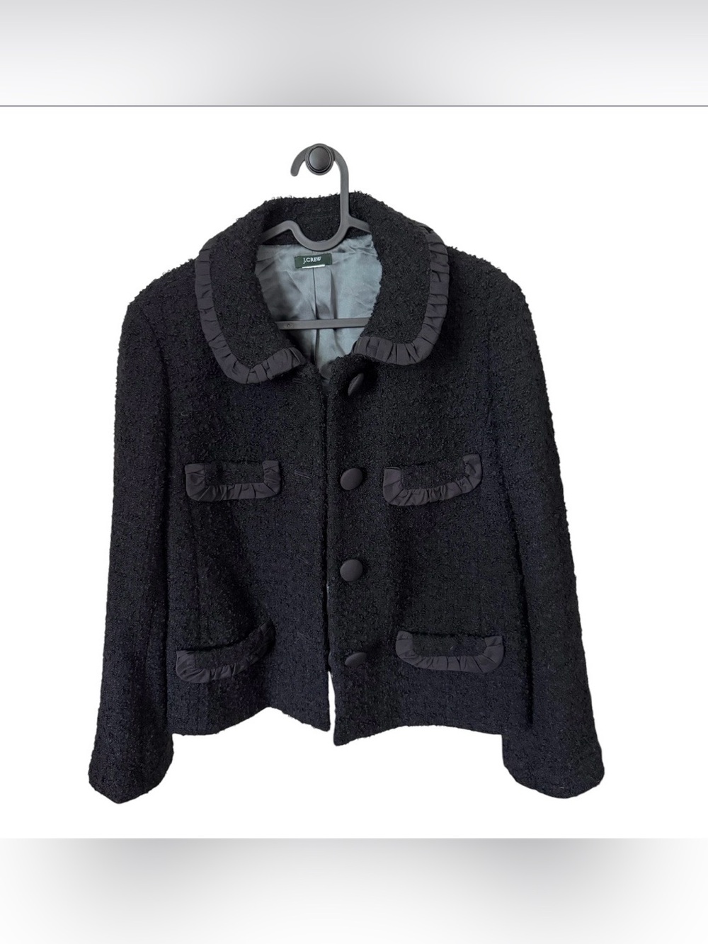 J.Crew Black Bouclé Ruffle Satin Trim Lady Jacket Blazer M